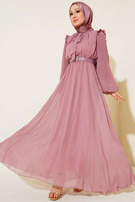 Kolları Piliseli Elbise Pudra - Elbise