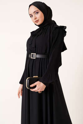 Kolları Piliseli Elbise Siyah - Elbise