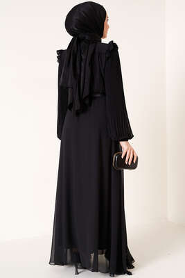 Kolları Piliseli Elbise Siyah - Elbise