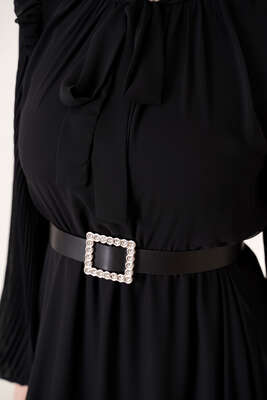 Kolları Piliseli Elbise Siyah - Thumbnail