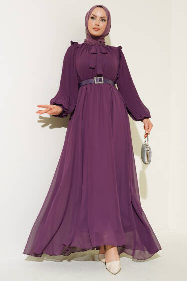 Kolları Piliseli Elbise Violet - Elbise