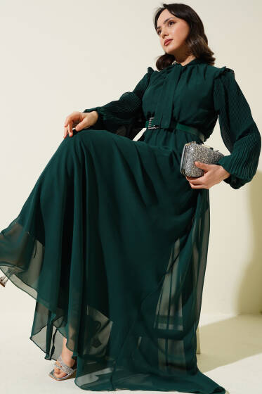 Kolları Piliseli Elbise Zümrüt - Elbise