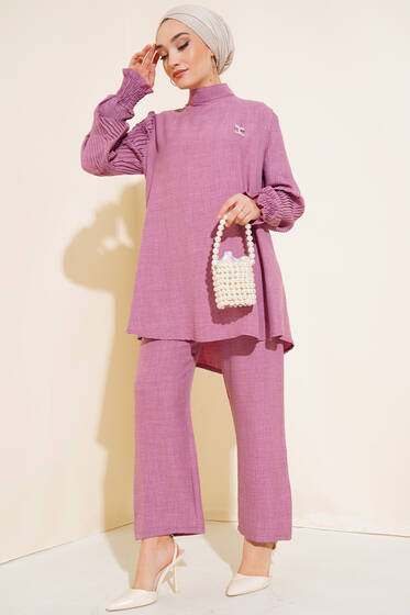 Kolları Piliseli Keten İkili Takım Magenta - İkili Takım