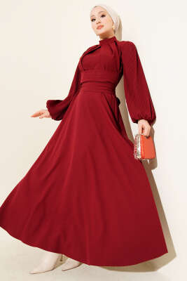 Kolları Piliseli Kuşaklı Abiye Elbise Bordo - CNR TEKSTİL