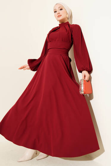 Kolları Piliseli Kuşaklı Abiye Elbise Bordo - Elbise