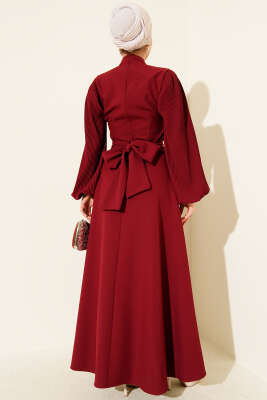 Kolları Piliseli Kuşaklı Abiye Elbise Bordo - Elbise