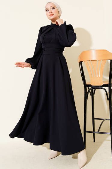 Kolları Piliseli Kuşaklı Abiye Elbise Lacivert - Elbise