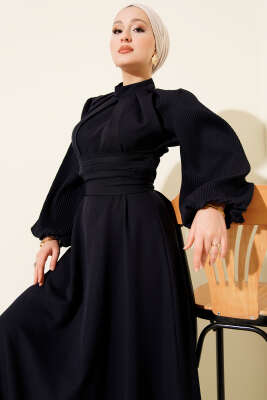 Kolları Piliseli Kuşaklı Abiye Elbise Lacivert - Elbise