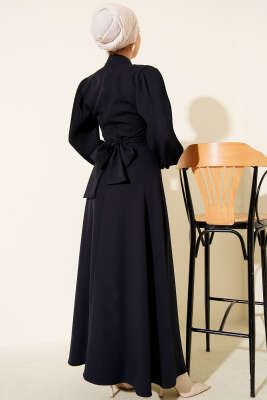 Kolları Piliseli Kuşaklı Abiye Elbise Lacivert - Elbise