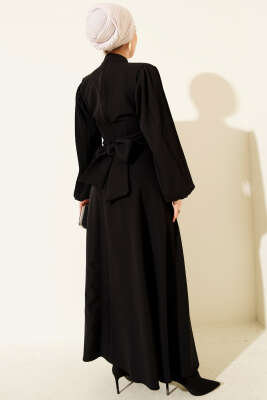 Kolları Piliseli Kuşaklı Abiye Elbise Siyah - Elbise