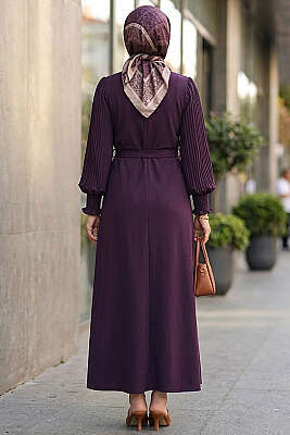 Kolları Pliseli Kuşaklı Elbise Magenta - Uzun Elbise