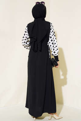 Kolları Puantiyeli Elbise Siyah - Thumbnail