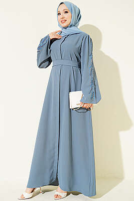 Kolları Pul Nakışlı Krep Abaya Kayrak Grisi - EFSUN MODA