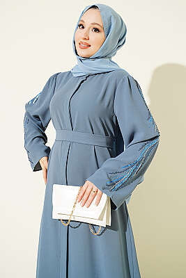 Kolları Pul Nakışlı Krep Abaya Kayrak Grisi - Elbise