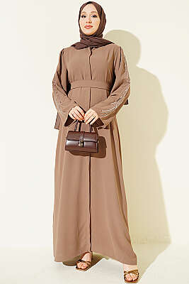 Kolları Pul Nakışlı Krep Abaya Latte - EFSUN MODA