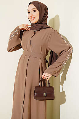 Kolları Pul Nakışlı Krep Abaya Latte - Elbise