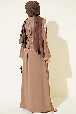 Kolları Pul Nakışlı Krep Abaya Latte - Elbise