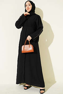 Kolları Pul Nakışlı Krep Abaya Siyah - EFSUN MODA