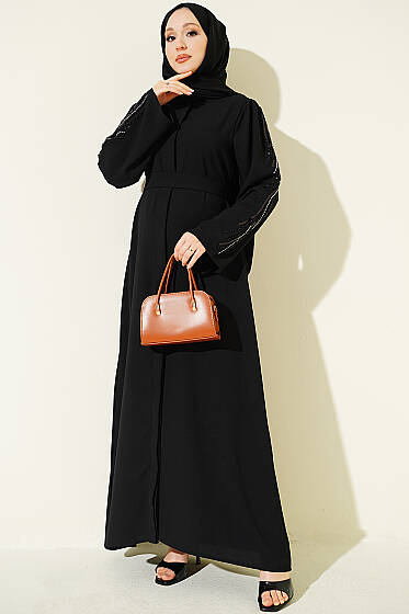 Kolları Pul Nakışlı Krep Abaya Siyah - Elbise
