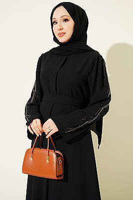 Kolları Pul Nakışlı Krep Abaya Siyah - Elbise