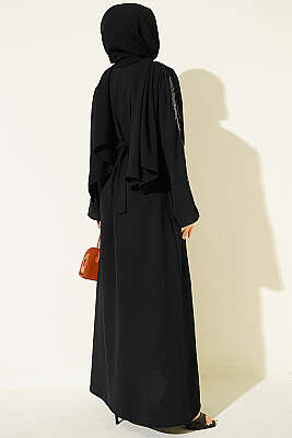 Kolları Pul Nakışlı Krep Abaya Siyah - Elbise