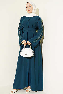 Kolları Pul Nakışlı Krep Abaya Zümrüt - EFSUN MODA
