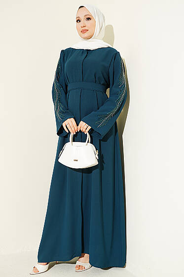 Kolları Pul Nakışlı Krep Abaya Zümrüt - Elbise