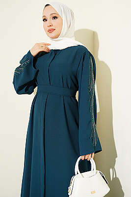 Kolları Pul Nakışlı Krep Abaya Zümrüt - Elbise