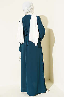 Kolları Pul Nakışlı Krep Abaya Zümrüt - Elbise
