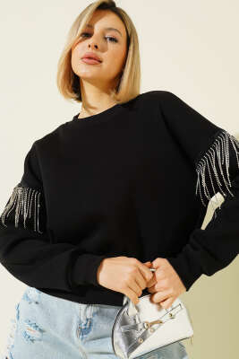 Kolları Püskül Taşlı Üç İplik Sweatshirt Siyah - DİVON