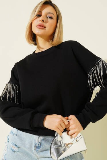 Kolları Püskül Taşlı Üç İplik Sweatshirt Siyah - Kadın Giyim Modelleri