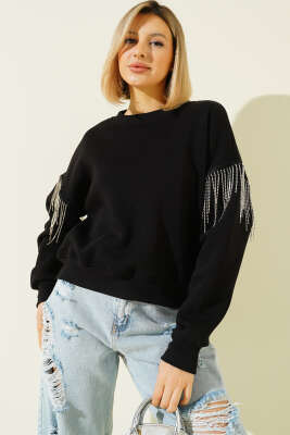 Kolları Püskül Taşlı Üç İplik Sweatshirt Siyah - Kadın Giyim Modelleri