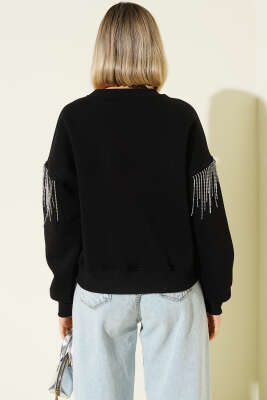 Kolları Püskül Taşlı Üç İplik Sweatshirt Siyah - Kadın Giyim Modelleri