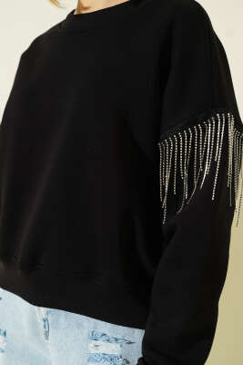 Kolları Püskül Taşlı Üç İplik Sweatshirt Siyah - Kadın Giyim Modelleri