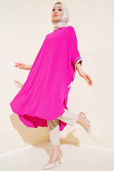 Kolları Püsküllü Yarasa Kol Tunik Fuşya - Tunik