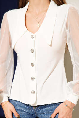 Kolları Şifon Düğme Detaylı Bluz Ekru - Yılın Fırsatı