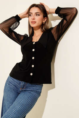 Kolları Şifon Düğme Detaylı Bluz Siyah