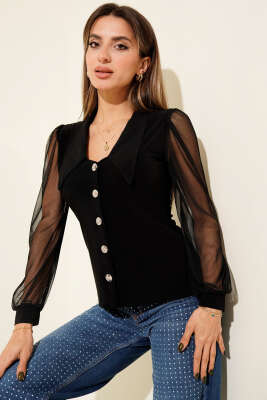 Kolları Şifon Düğme Detaylı Bluz Siyah - Yılın Fırsatı