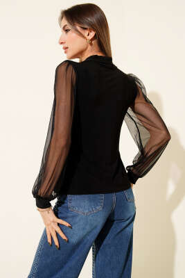 Kolları Şifon Düğme Detaylı Bluz Siyah - Yılın Fırsatı