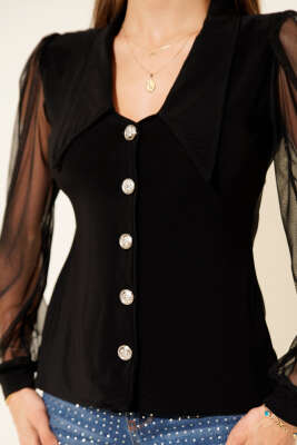Kolları Şifon Düğme Detaylı Bluz Siyah - Yılın Fırsatı
