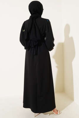 Kolları Şifon Nakışlı Elbise Siyah - Tesettür Elbise