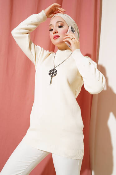 Kolları Taş Detaylı Triko Tunik Bej - Triko