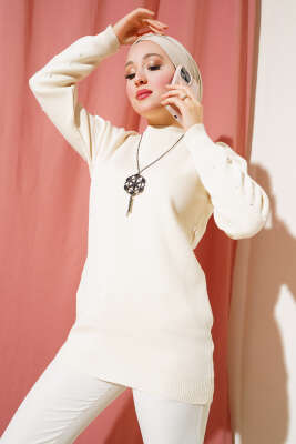 Kolları Taş Detaylı Triko Tunik Bej - PUDRA OFFICIAL