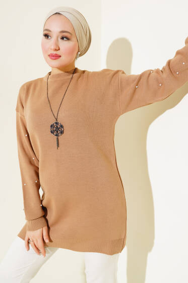 Kolları Taş Detaylı Triko Tunik Büsküvi - Triko