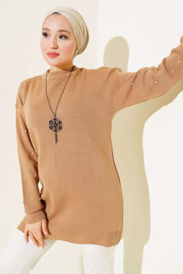 Kolları Taş Detaylı Triko Tunik Büsküvi 