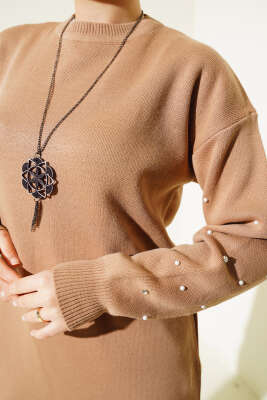 Kolları Taş Detaylı Triko Tunik Büsküvi - Triko Tunik