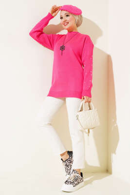 Kolları Taş Detaylı Triko Tunik Fuşya - Triko Tunik