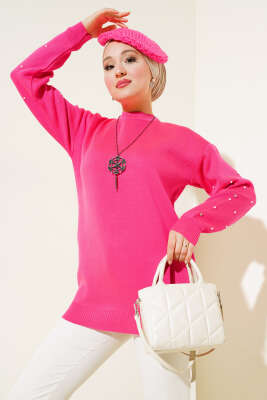 Kolları Taş Detaylı Triko Tunik Fuşya 