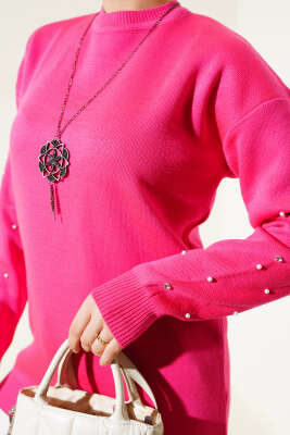 Kolları Taş Detaylı Triko Tunik Fuşya - Triko Tunik