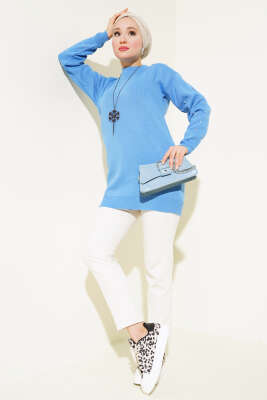 Kolları Taş Detaylı Triko Tunik İndigo - Triko Tunik